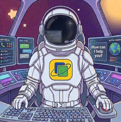 Space Cadet mascot astronaut at a control console, ready to help